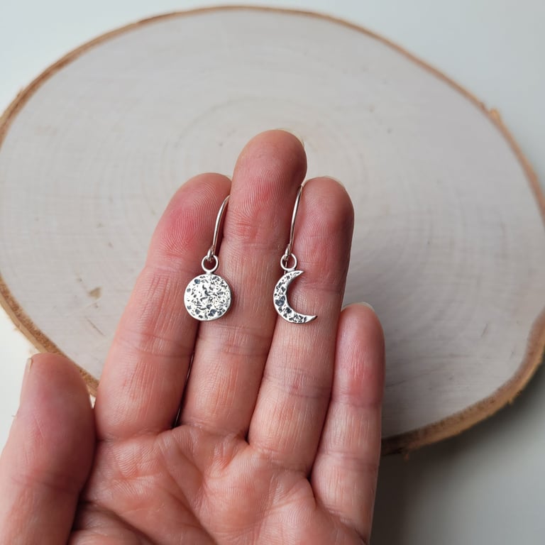 Full Moon and Crescent Moon Hook Earrings, Mismatched, Asymmetric