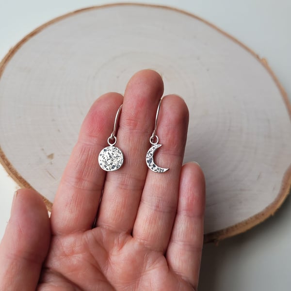 Full Moon and Crescent Moon Hook Earrings, Mismatched, Asymmetric