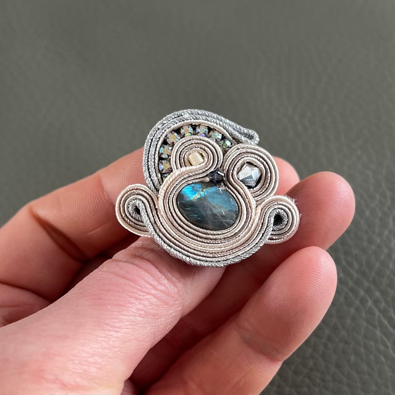 Soutache Ring with Labradorite and Crystals – Elegant Handmade Statement Jewelry