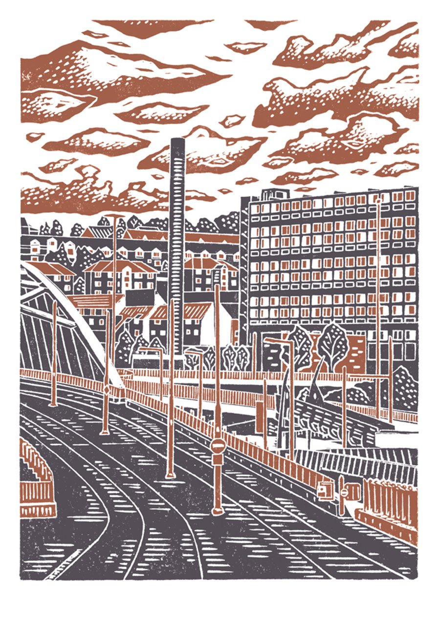 Sheffield City View No.8 A3 poster print (dark orange & grey)