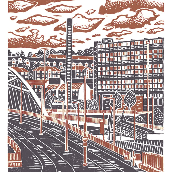 Sheffield City View No.8 A3 poster print (dark orange & grey)