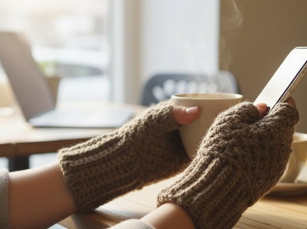 Hand Crocheted Fingerless Gloves Wrist Warmers Mittens Boho Winter Taupe Brown