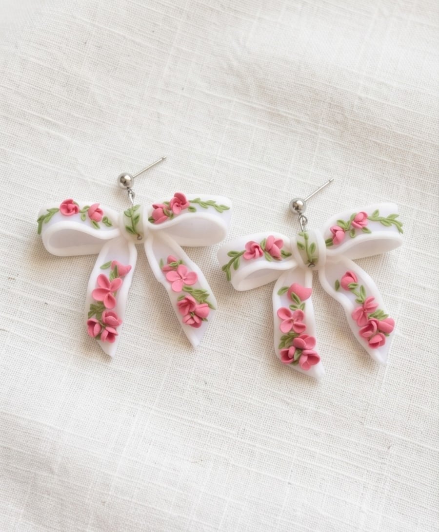 Bow translucent earrings with floral pattern