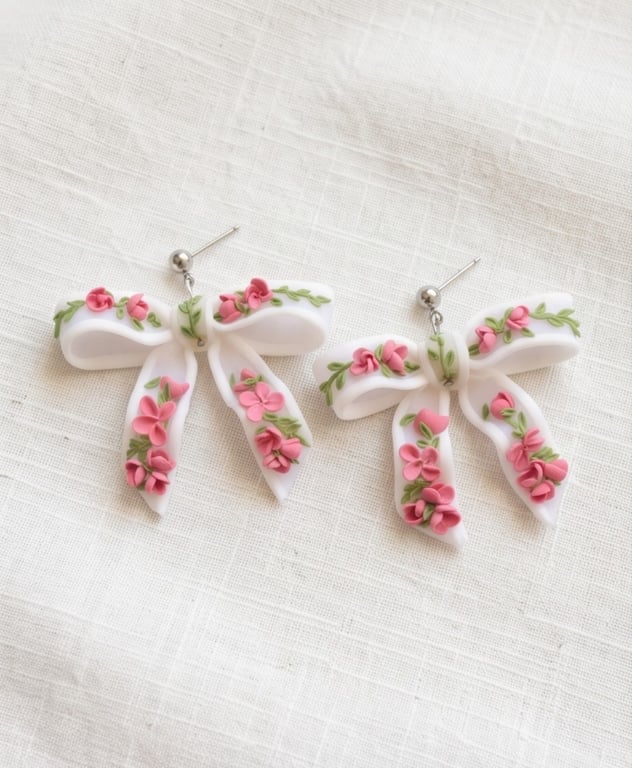 Bow translucent earrings with floral pattern