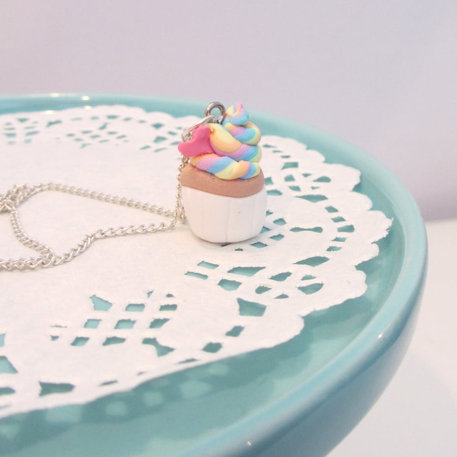Unicorn colours rainbow cupcake necklace Quirky, unique, handmade, retro