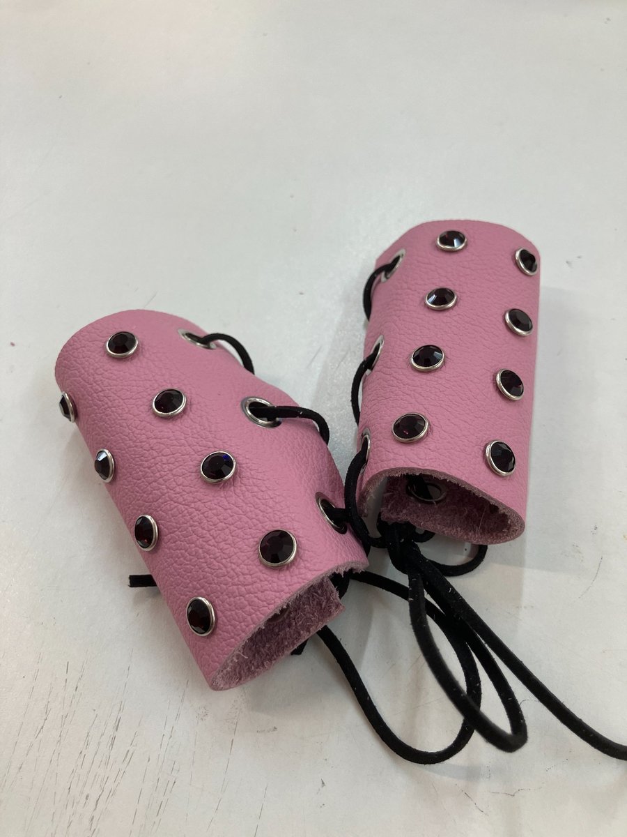 Pink Leather Wheelchair Handle Decorations with Dark Amethyst Gemstones