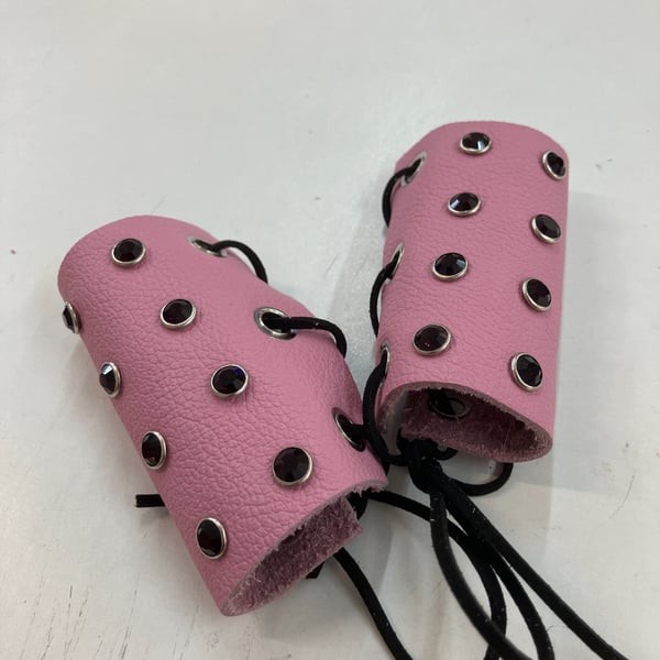 Pink Leather Wheelchair Handle Decorations with Dark Amethyst Gemstones