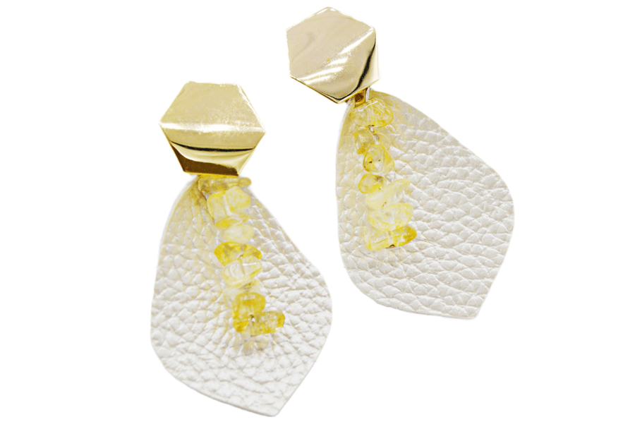 White Vegan Leather & Citrine Dangly Earrings - Free Postage