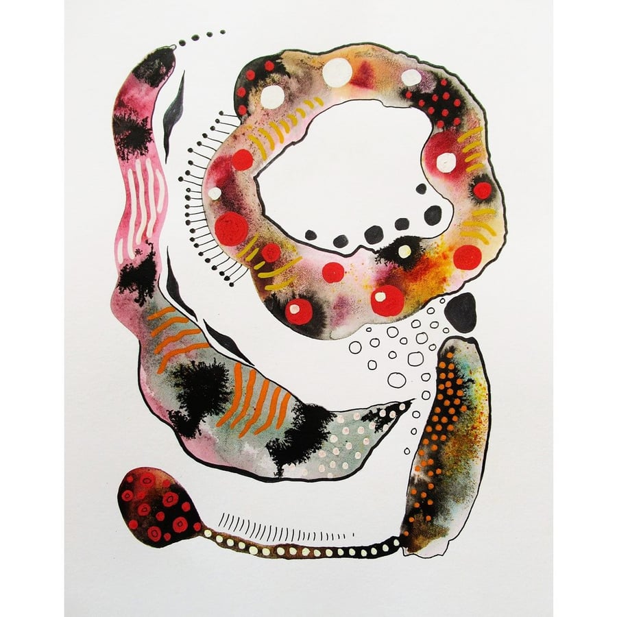 Watercolour & Ink Abstract Painting Minimalist Pink Brown Grey 8 x 10" Artwork