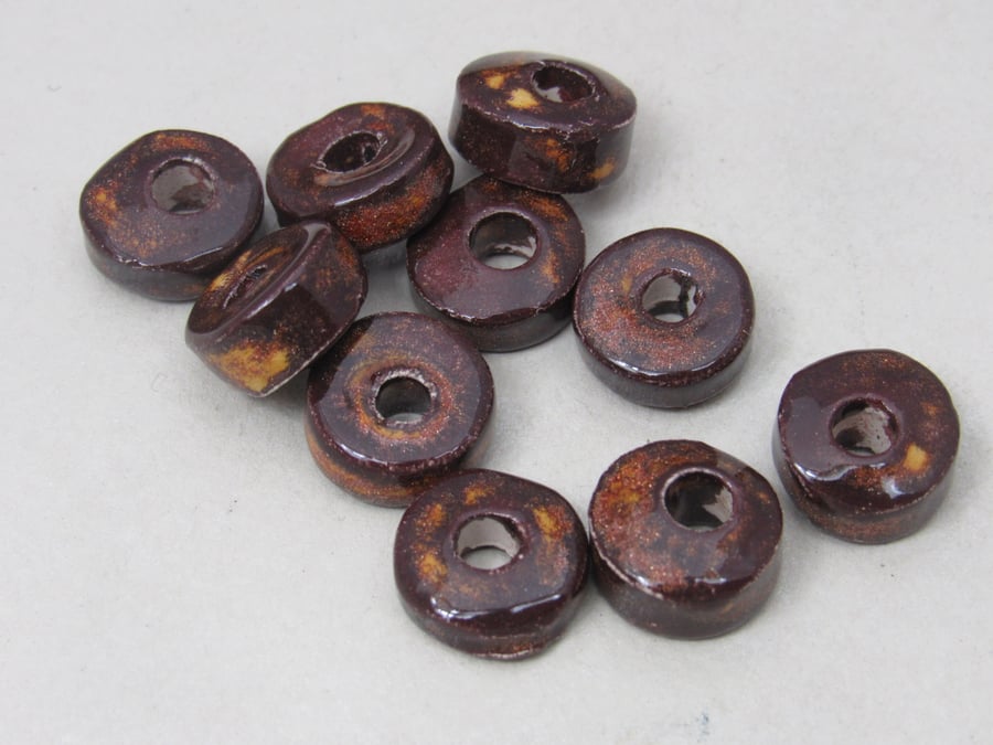 10 Small Dark Copper Brown Ceramic Washer Beads