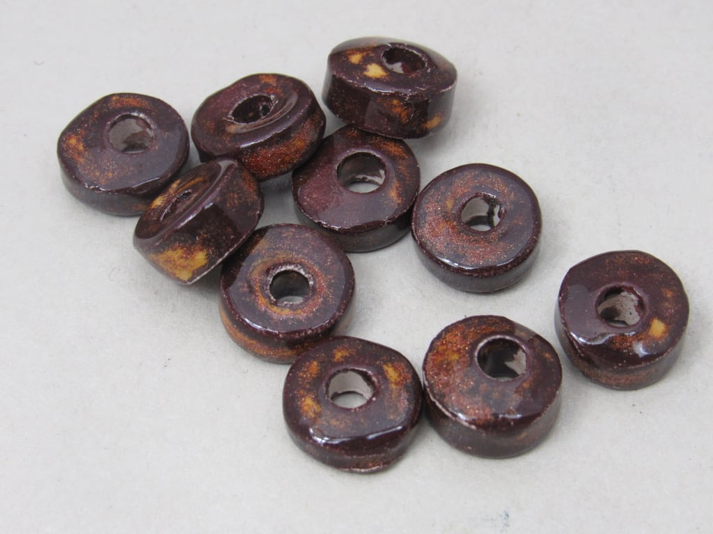 10 Small Dark Copper Brown Ceramic Washer Beads