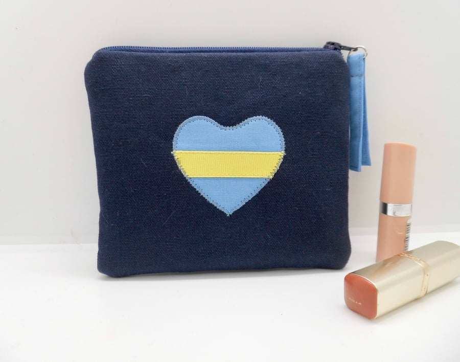 Stand with Ukraine Make up purse made with blue and yellow heart 
