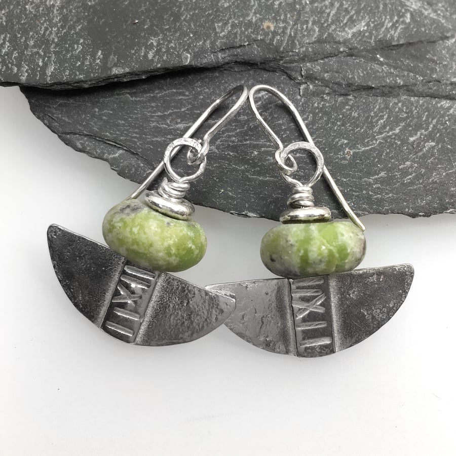 Silver and green serpentine tribal blade earrings.