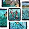 Set of 5 fishing boat seascape prints Cornwall art digital Linoprint 