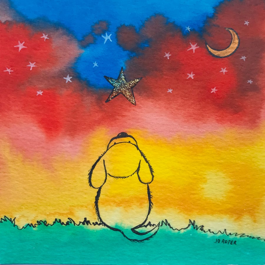 Original Painting dog rainbow gold stars  nursery  Jo Roper