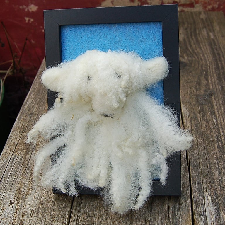 Textile art picture -  Lone Sheep 17 x 12 cm   Needle felt