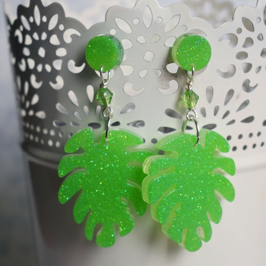 Green Glitter Monstera Leaf Earrings