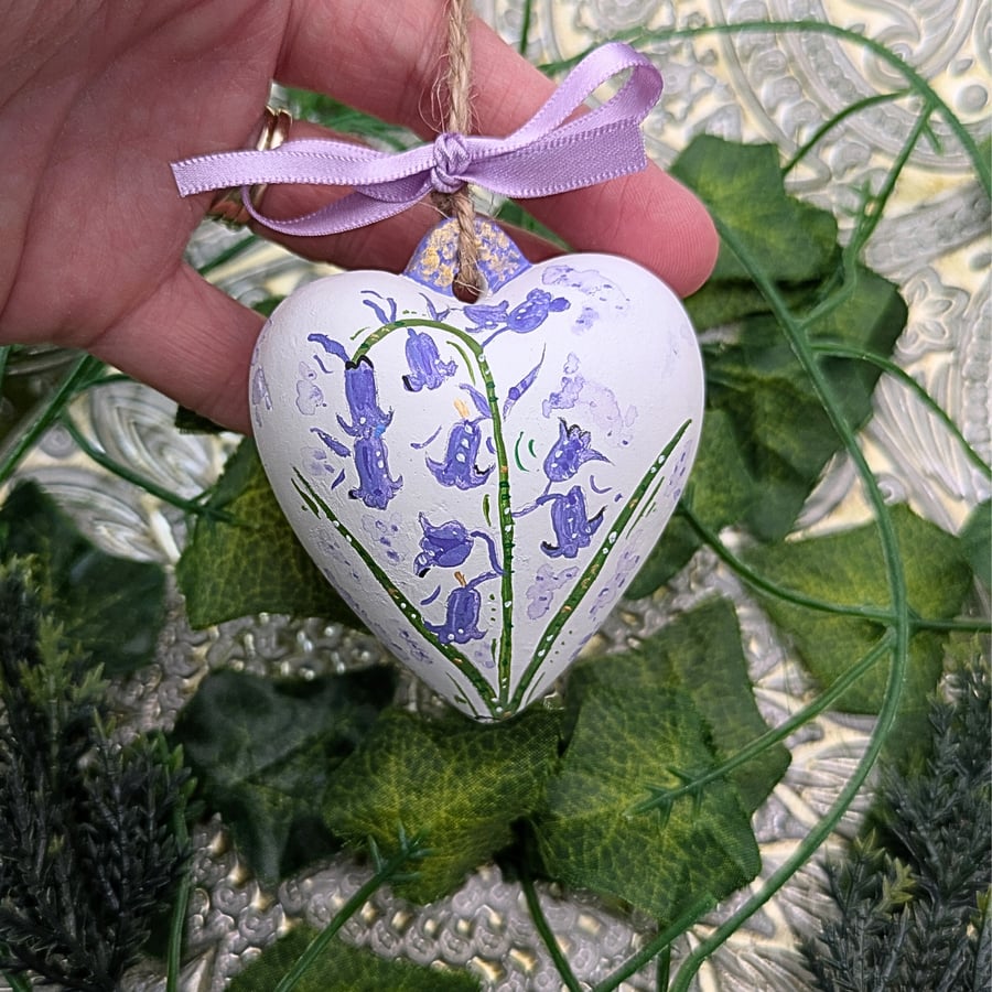 Bluebell hand-painted ceramic Christmas heart bauble