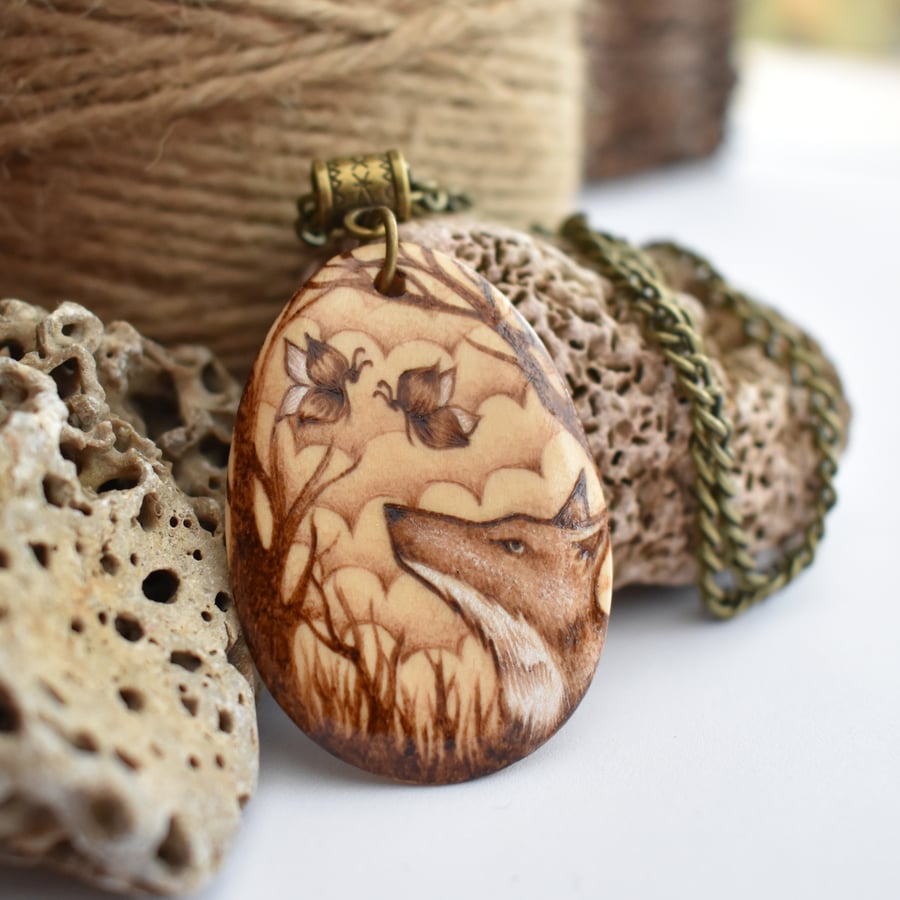 Butterflies and fox, wooden pyrography British wildlife pendant
