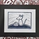 Mouse and Cheese lino print. Size 10 x 8 inches.