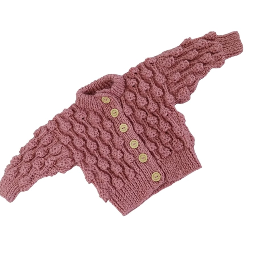 Baby Cardigan in Rose Pink, Hand Knitted with Bobble Pattern, Girls 0-6 Months