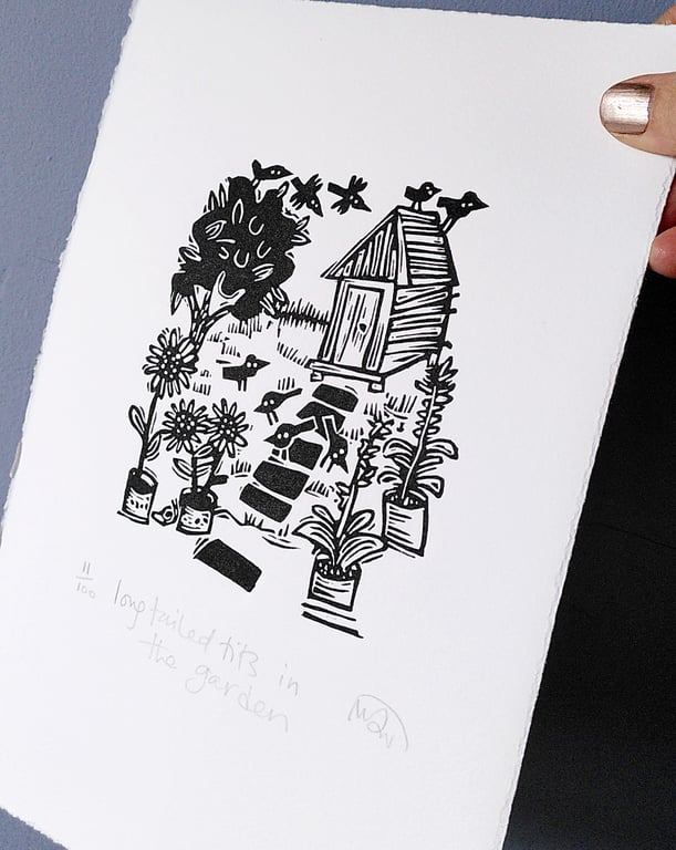 Long-Tailed Tits in the Garden - lino cut print