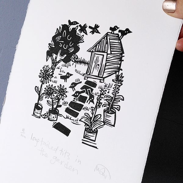 Long-Tailed Tits in the Garden - lino cut print