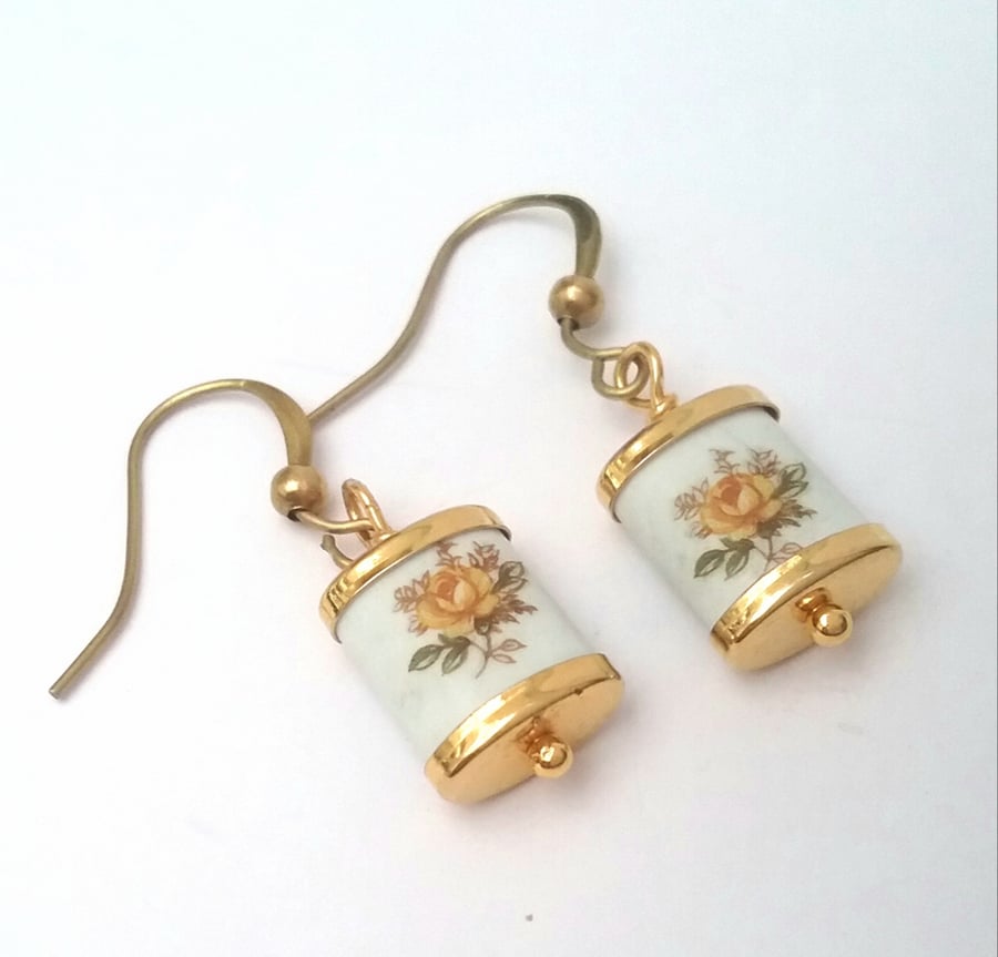 Vintage ceramic floral cylinder earrings 
