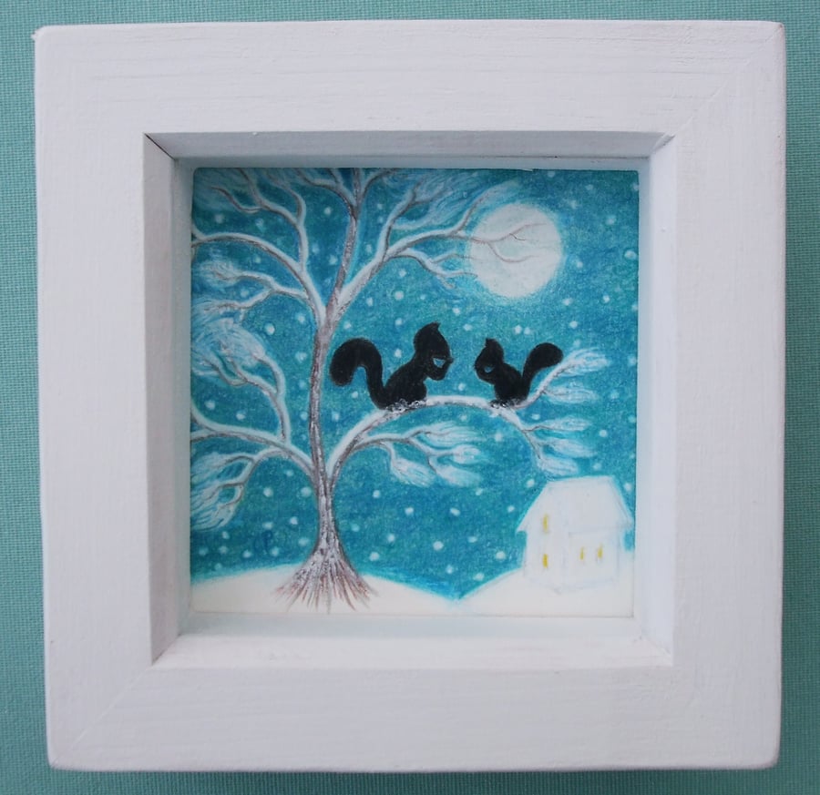 Framed Squirrels Print, Christmas Gift, Tree Picture, Snow Art, Moon 