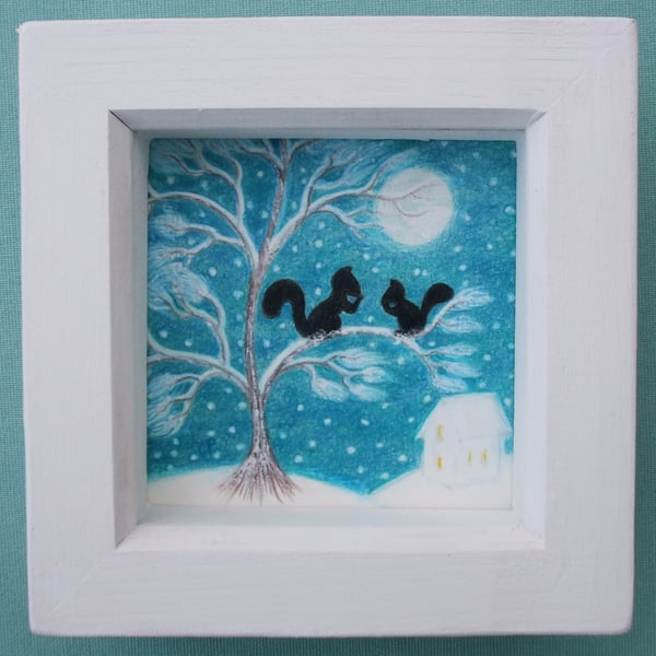 Framed Squirrels Print, Christmas Gift, Tree Picture, Snow Art, Moon 