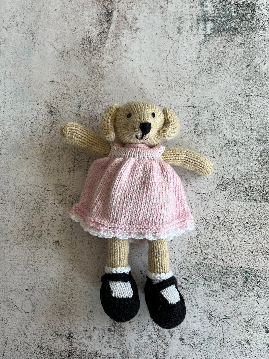 Hand Knitted Golden Labrador Dog in a Pink and White Dress, 10” high