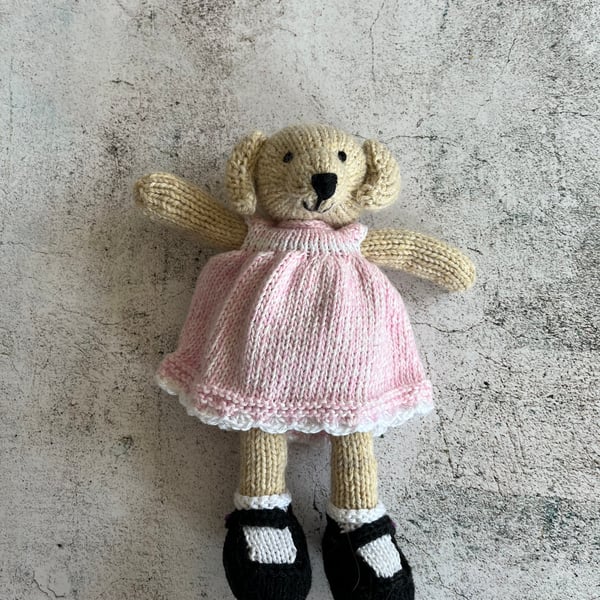 Hand Knitted Golden Labrador Dog in a Pink and White Dress, 10” high