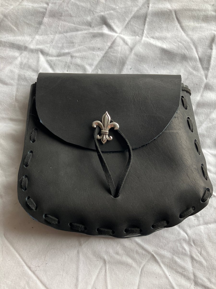 Pouch: Black coloured Leather Medieval Style W Fleur de Lis Closure - FREE SHIP
