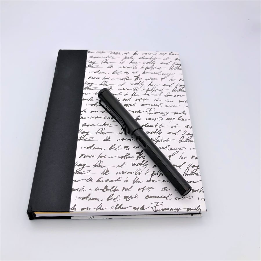 Black and white script A5 Notebook Journal - hand bound hardback