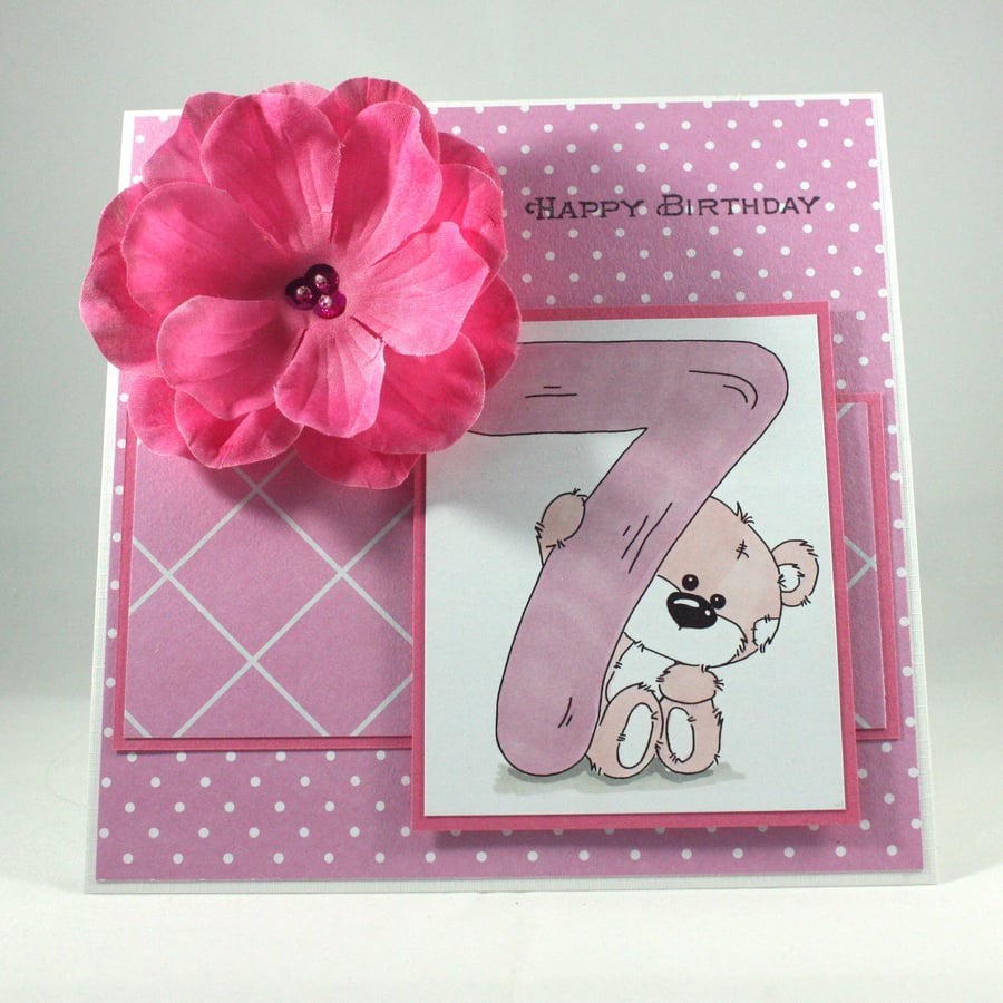 Handmade pink 7th birthday card with cute bear