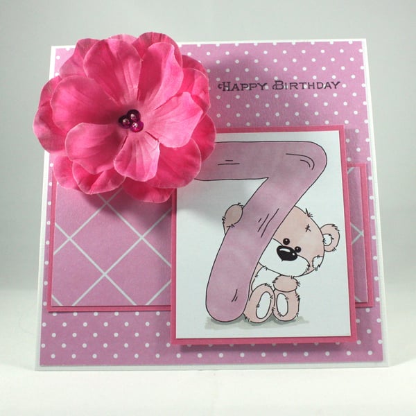 Handmade pink 7th birthday card with cute bear