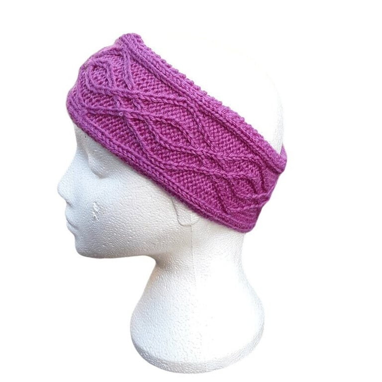 Hand knitted ladies cerise pink headband ear warmer with double diamond pattern 