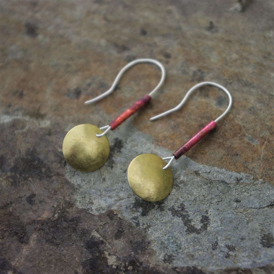 Golden Circle and Red Copper  Earrings