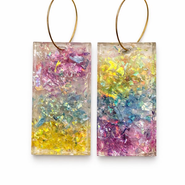 Rectangle Resin Glitter Earrings – Purple Blue Yellow Statement Dangle Earrings