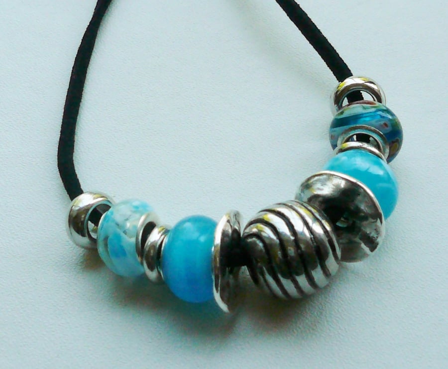 Collar Necklace Aqua Blue 'Pandora Style'  Glass Rondelle Bead   KCJ1479