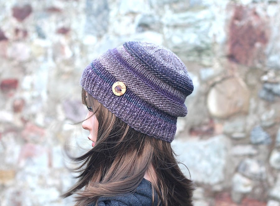 HAT knitted purple brown wooden button beanie, women's beanie cap, gift, UK
