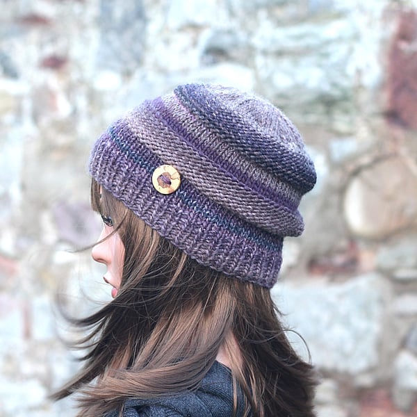 HAT knitted purple brown wooden button beanie, women's beanie cap, gift, UK