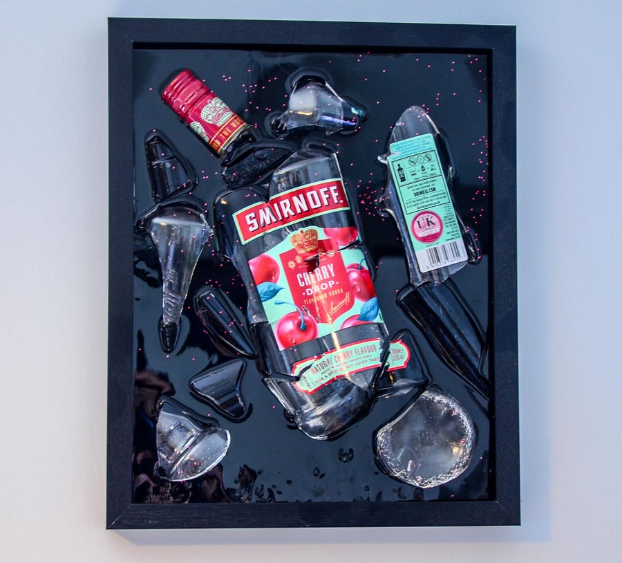 Smirnoff Cherry Drop Vodka Broken Bottle Art. Resin Art. Bottle Art. Framed Art.