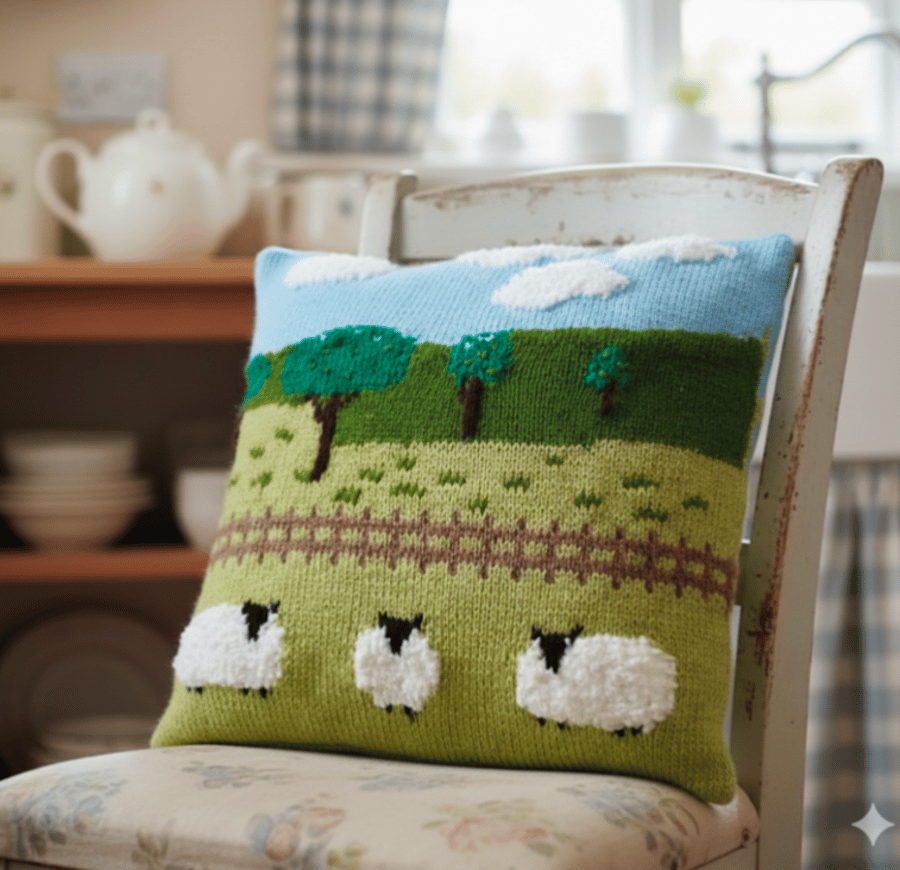 Knitting Pattern for Sheep in the Countryside Cushion.  Digital Pattern