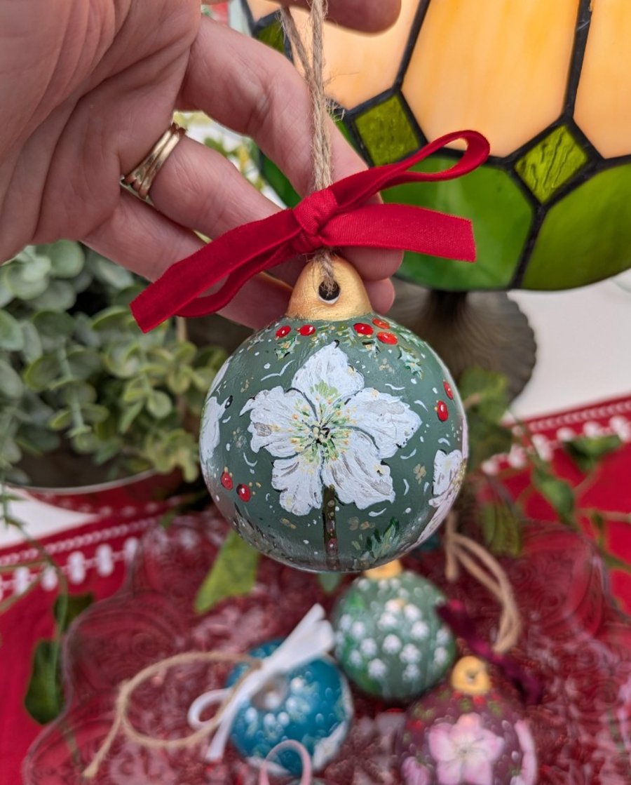 White Hellebore (Christmas Rose) hand-painted ceramic Christmas bauble 