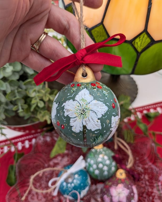 White Hellebore (Christmas Rose) hand-painted ceramic Christmas bauble 