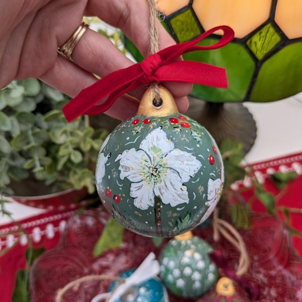 White Hellebore (Christmas Rose) hand-painted ceramic Christmas bauble 