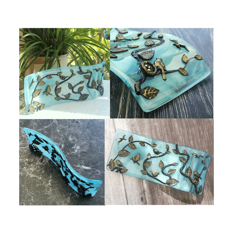 Handmade Fused Glass Curved Free Standing Birds Picture - Bird Suncatcher       