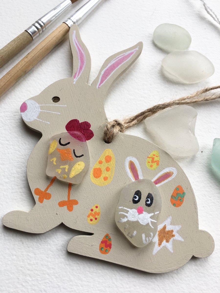 Wooden Easter Bunny, hand painted sea glass decoration 