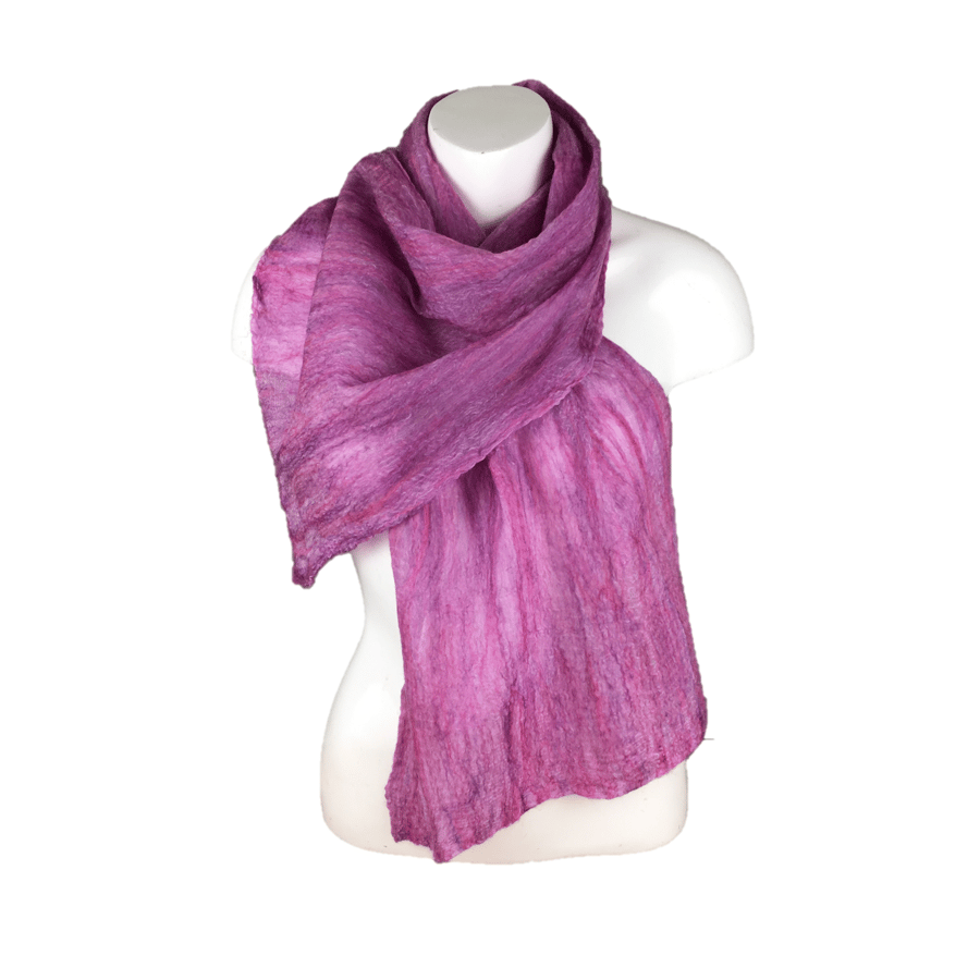 Pink and lilac nuno felted scarf, merino wool on silk.